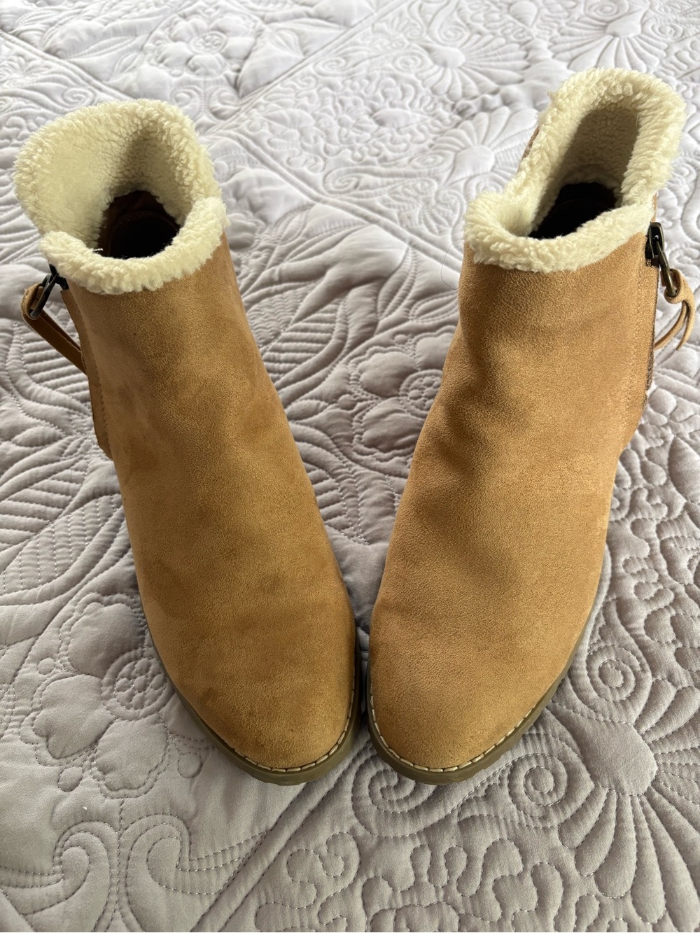a.n.a Tan Slip-On Bootie with Cream Faux-Shearling Trim